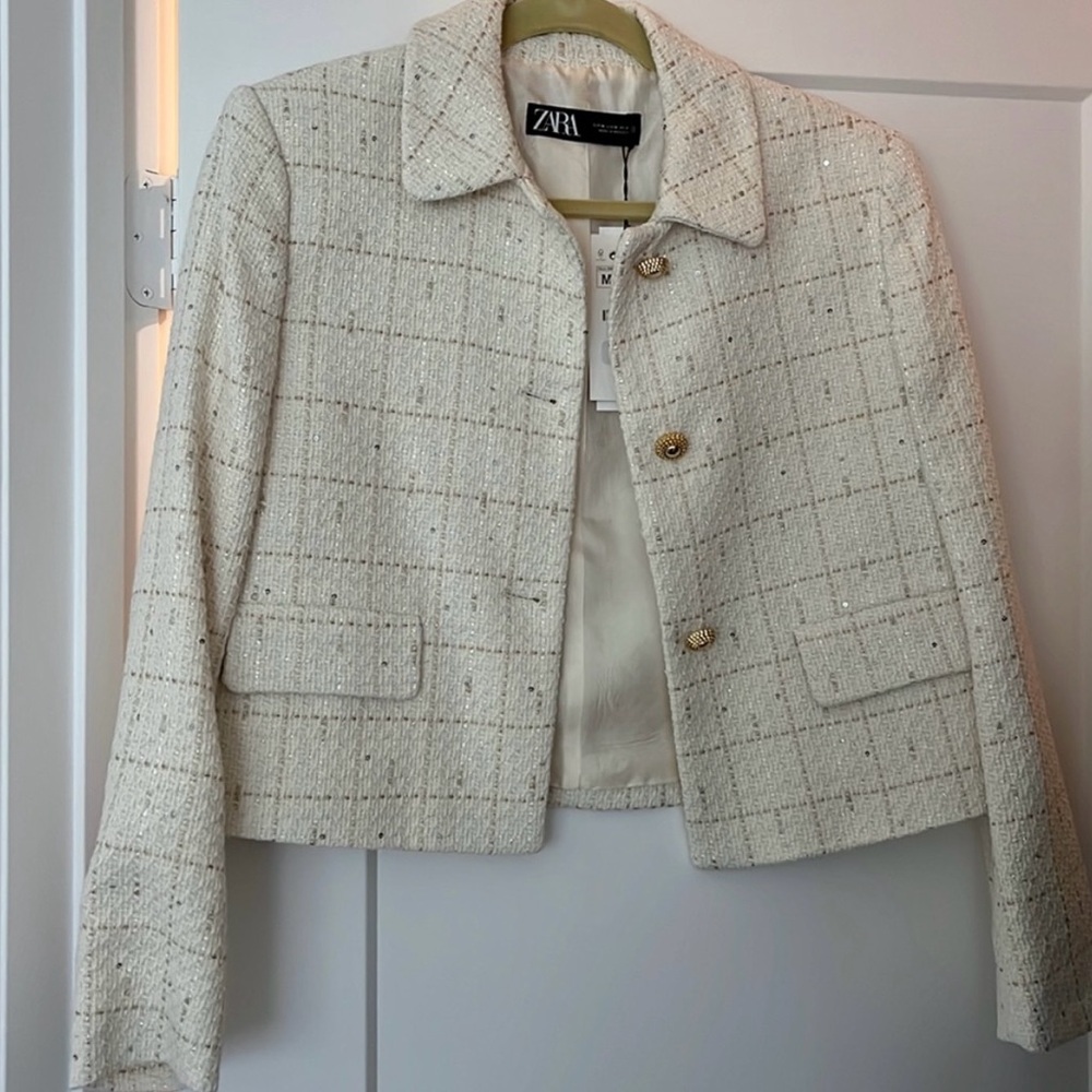 Zara Cream Cropped Blazer with Textured Fabric